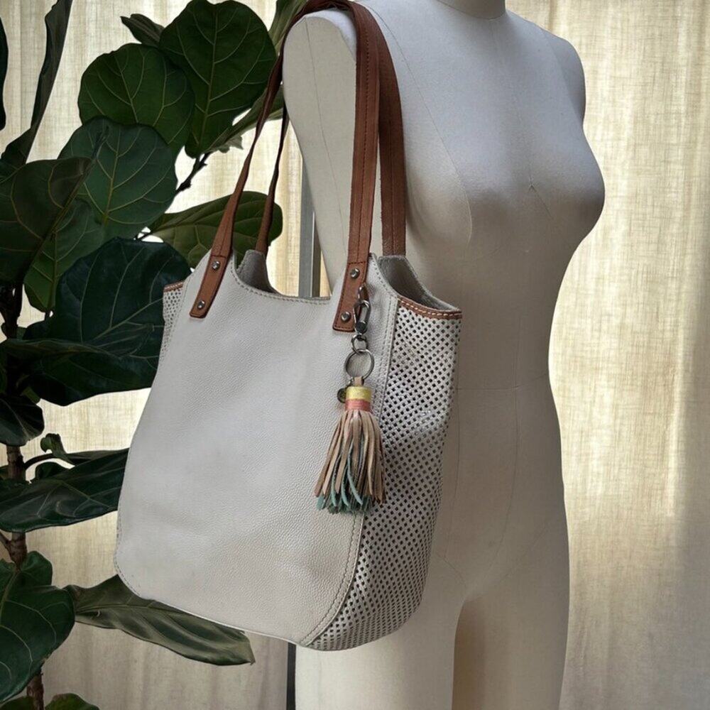 Boho Resort Genuine Leather Slouchy Tote Hobo Bag Tassle White - Picture 16 of 16
